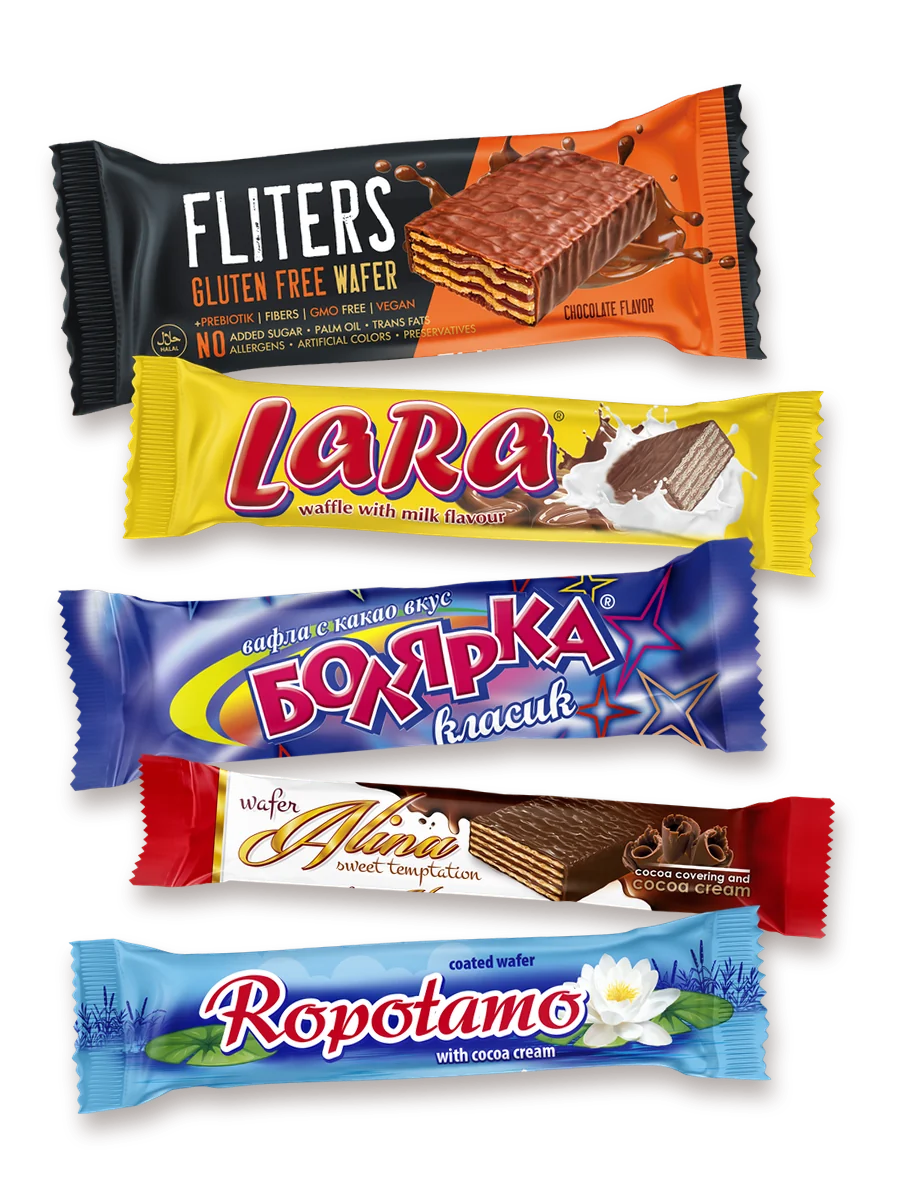 Confezioni dei nostri cinque marchi: Fliters, Lara, Bolyarka, Alina e Ropotamo